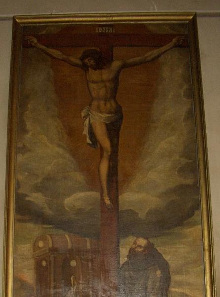 tableau : Remise par saint François d'Assise de la cordelière de l'ordre franciscain à un donateur, vue partielle