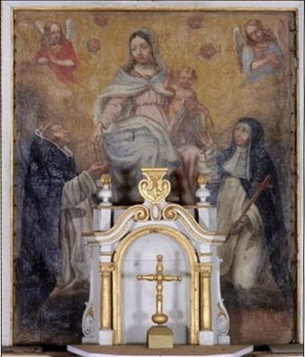 retable, tabernacle, tableau : Don du Rosaire à saint Dominique et à sainte Catherine de Sienne, statue : Christ en croix et peinture monumentale : Calvaire - © Ministère de la Culture (France), Conservation des antiquités et des objets d'art d'Ille-et-Vilaine, tous droits réservés