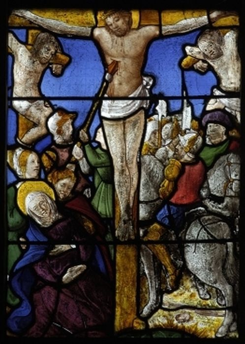 verrières : Histoire de la passion (l'), détail : Longin perce le flanc du Christ