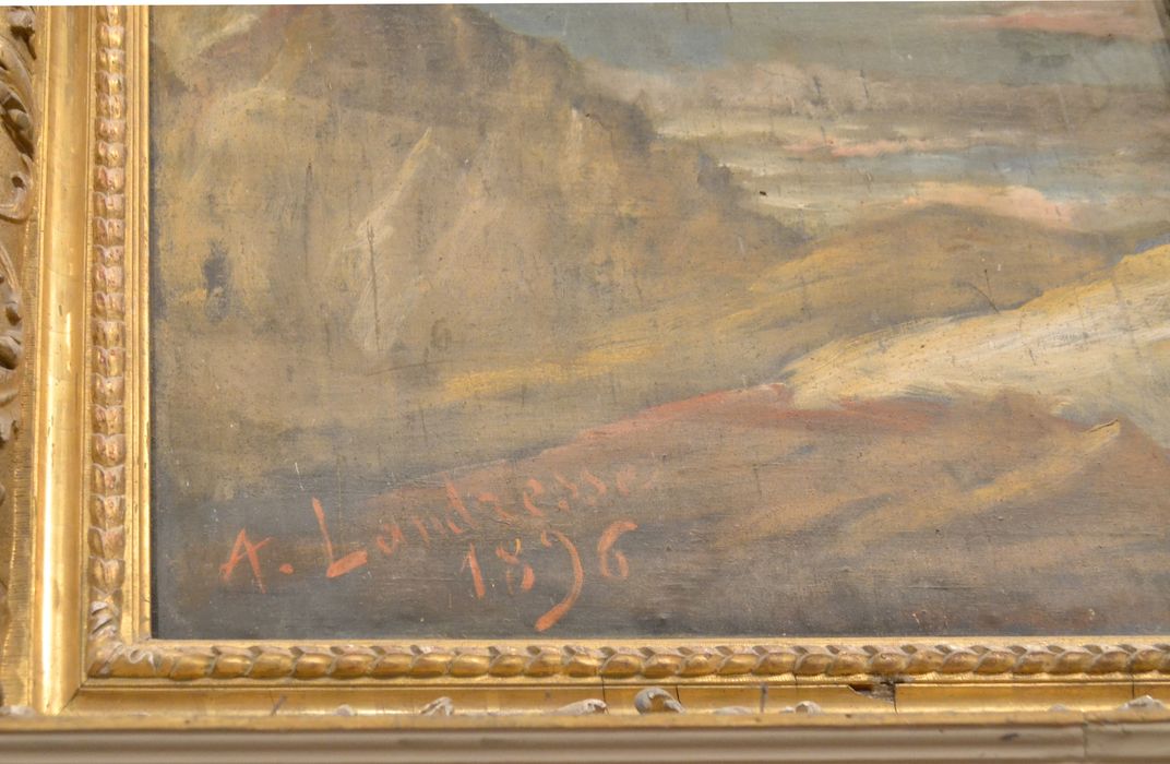 tableau, statue : Christ en croix : Détail de la signature du tableau - © Ministère de la Culture (France), Conservation des antiquités et des objets d'art d'Ille-et-Vilaine, tous droits réservés