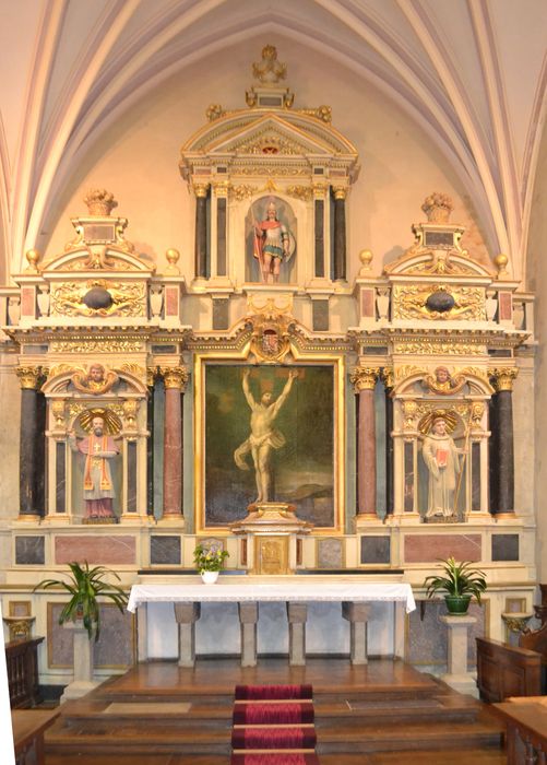 retable, tableau, statues du maître-autel : saint Georges, saint Hilaire, saint Alfred
