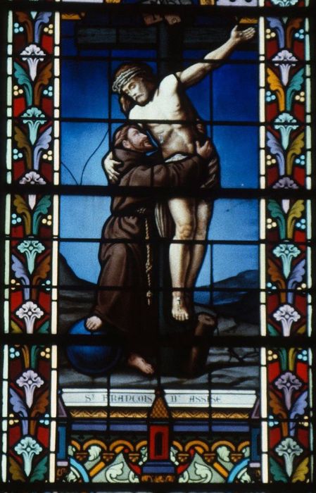 verrière : Saint François d'Assise recevant le corps du Christ (baie 0), vue partielle