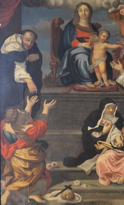 tableau, cadre : Vierge et plusieurs saints, vue partielle