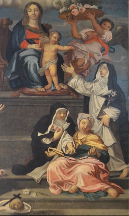 tableau, cadre : Vierge et plusieurs saints, vue partielle