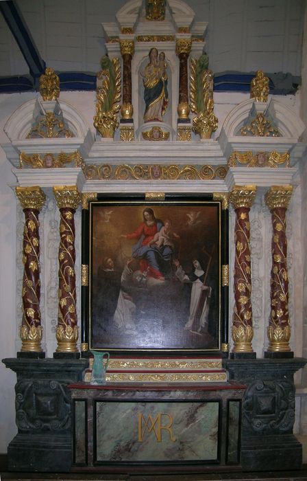 retable, statue : Vierge à l'Enfant, tableau : Institution du rosaire (l')