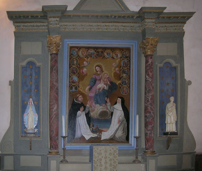 retable de l'autel du Rosaire, tableau : Donation du Rosaire à saint Dominique et sainte Catherine de Sienne