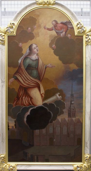 tableau ex-voto : Sainte Barbe protégeant l'église de la foudre - © Ministère de la Culture (France), Conservation des antiquités et des objets d'art d'Ille-et-Vilaine, tous droits réservés