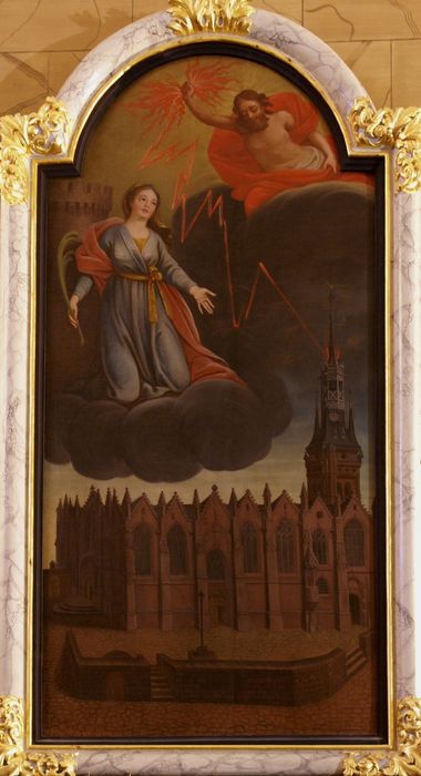 tableau : Sainte Barbe protégeant de la foudre l'église Notre-Dame - © Ministère de la Culture (France), Conservation des antiquités et des objets d'art d'Ille-et-Vilaine, tous droits réservés