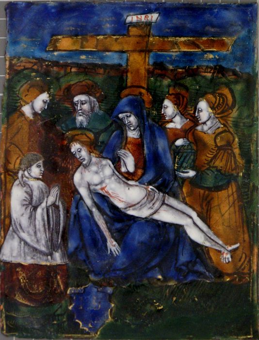 tableau : Vierge de pitié avec le donateur, prêtre en Rochet, et un écu avec les lettres IB