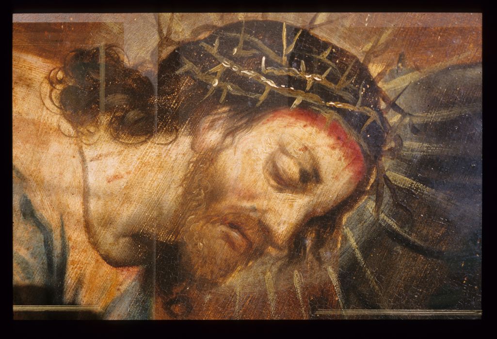 tableau : Le Portement de croix, détail du visage du Christ - © Ministère de la Culture (France), Conservation des antiquités et des objets d'art de l'Indre, tous droits réservés 