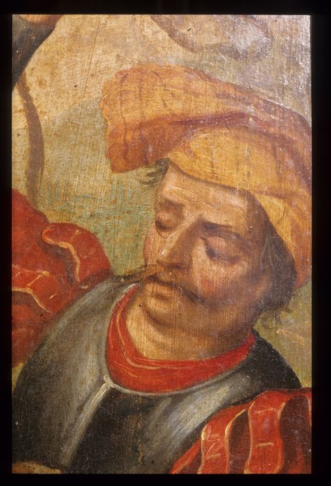 tableau : Le Portement de croix, détail d'un des soldats - © Ministère de la Culture (France), Conservation des antiquités et des objets d'art de l'Indre, tous droits réservés 
