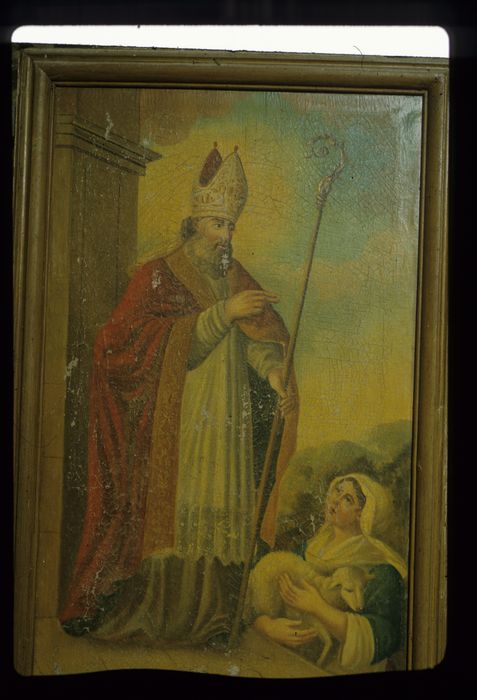 Tableau : Evêque mitré (saint Martin ?) bénissant une bergère