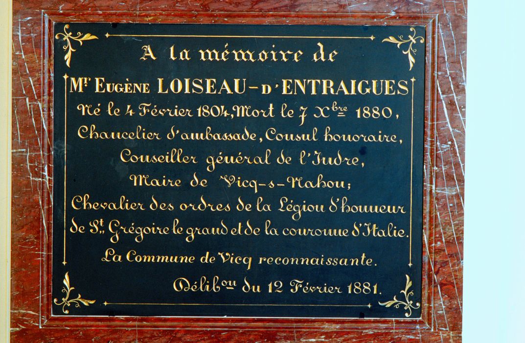 plaque commémorative d'Eugène Loiseau d'Entraigues - © Ministère de la Culture (France), Conservation des antiquités et des objets d'art de l'Indre, tous droits réservés 