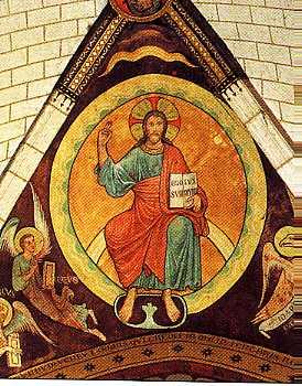 peintures monumentales du choeur : Christ entre les symboles des évangélistes (le), vue partielle