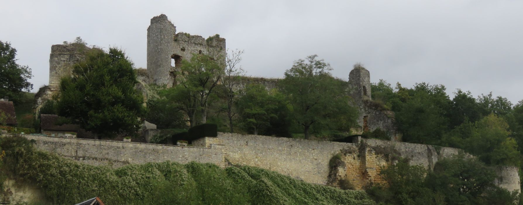 Ruines du donjon d'Etableaux : Vue générale des ruines dans leur environnement depuis le Sud-Ouest