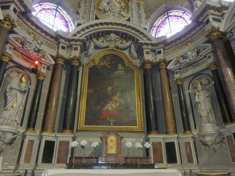 Retable, tableau, groupe sculpté : La Sainte Famille, Le Père éternel adoré par des anges