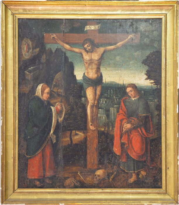 Tableau (panneau peint) : Crucifixion avec la Vierge et saint Jean