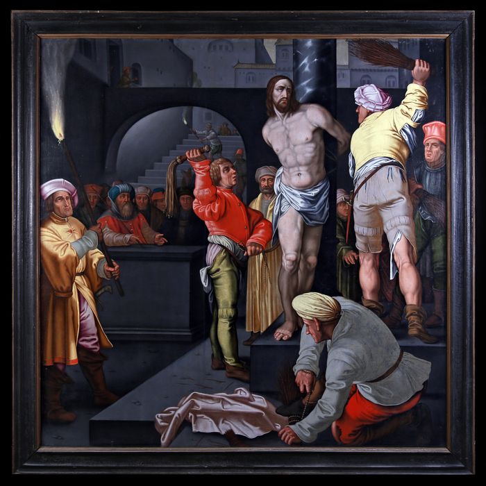 Ensemble de 4 tableaux représentant Le Baiser de Judas, La Flagellation, Le Couronnement d’épines, l’Ecce Homo