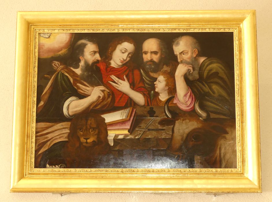 tableau (panneau peint) : Jésus au milieu des docteurs et de symboles d'évangélistes - © Ministère de la Culture (France), Conservation des antiquités et des objets d’art d'Indre-et-Loire - Tous droits réservés