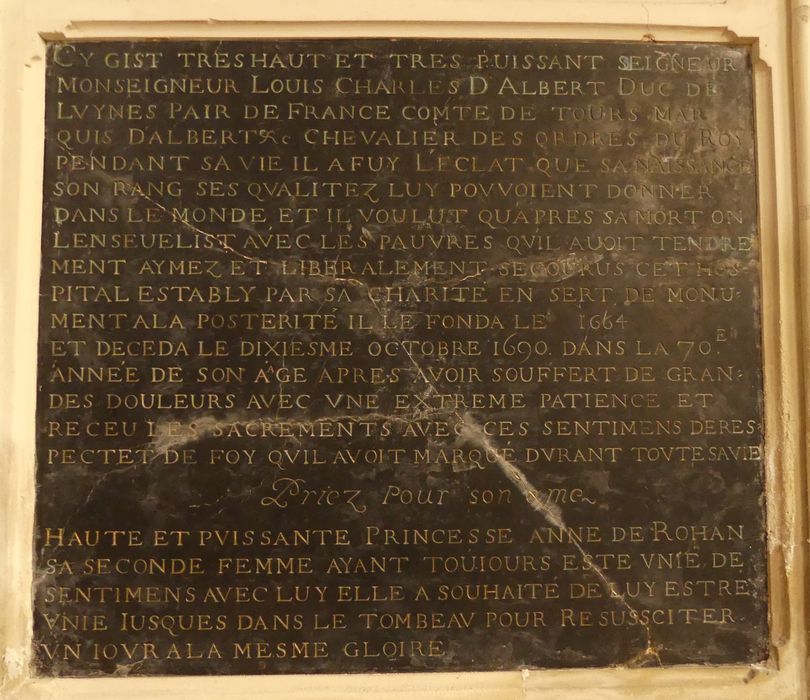 inscription funéraire de Charles d'Albert duc de Luynes et d'Anne de Rohan