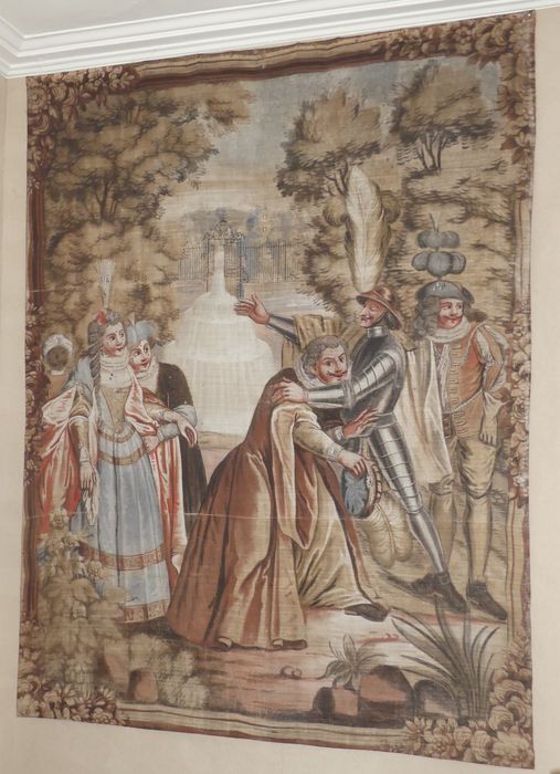 Fragment de carton de tapisserie : Don Quichotte fait demander par Sancho à la duchesse la permission de la voir 
