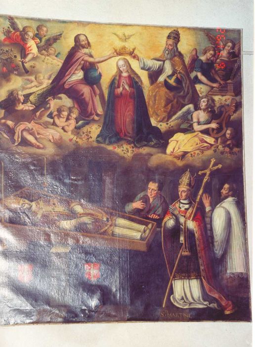 tableau : Couronnement de la Vierge avec saint Martin agenouillé devant le corps de saint Gatien - © Ministère de la Culture (France), Conservation des antiquités et des objets d’art d'Indre-et-Loire - Tous droits réservés