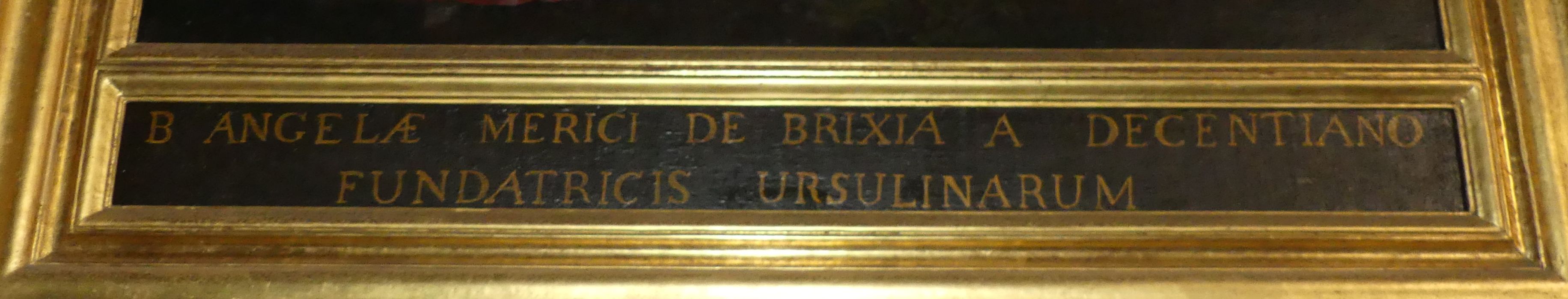 tableau : Vision d'Angèle Merici, détail de l’inscription - © Ministère de la Culture (France), Conservation des antiquités et des objets d’art d'Indre-et-Loire - Tous droits réservés
