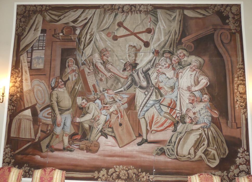 carton de tapisserie : Don Quichotte prenant des marionnettes pour des Maures croit, en les combattant, secourir deux amants fugitifs