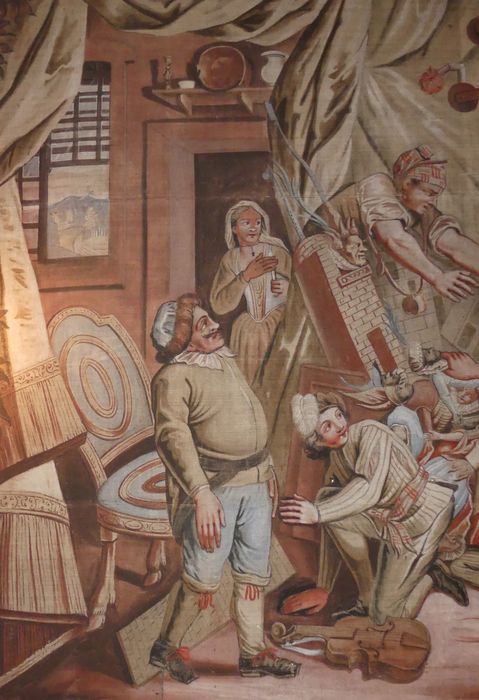 carton de tapisserie : Don Quichotte prenant des marionnettes pour des Maures croit, en les combattant, secourir deux amants fugitifs, détail