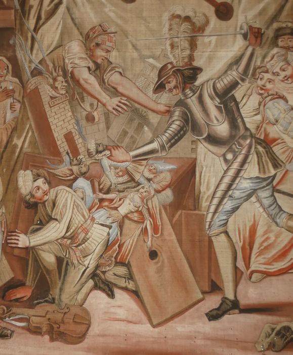 carton de tapisserie : Don Quichotte prenant des marionnettes pour des Maures croit, en les combattant, secourir deux amants fugitifs, détail