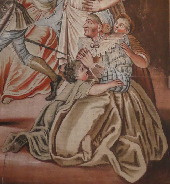 carton de tapisserie : Don Quichotte prenant des marionnettes pour des Maures croit, en les combattant, secourir deux amants fugitifs, détail