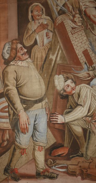 carton de tapisserie : Don Quichotte prenant des marionnettes pour des Maures croit, en les combattant, secourir deux amants fugitifs, détail