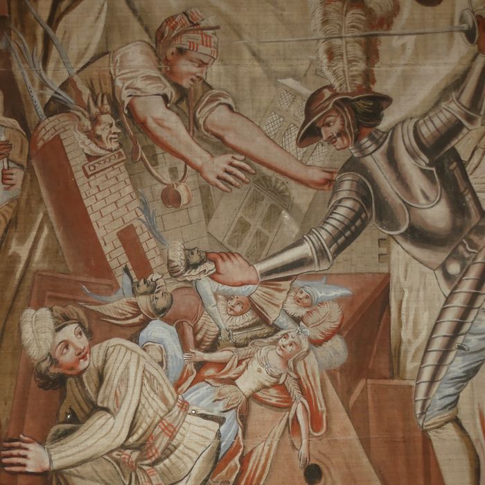 carton de tapisserie : Don Quichotte prenant des marionnettes pour des Maures croit, en les combattant, secourir deux amants fugitifs, détail