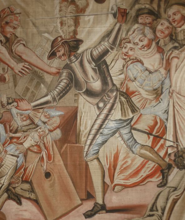 carton de tapisserie : Don Quichotte prenant des marionnettes pour des Maures croit, en les combattant, secourir deux amants fugitifs, détail
