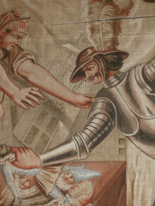carton de tapisserie : Don Quichotte prenant des marionnettes pour des Maures croit, en les combattant, secourir deux amants fugitifs, détail