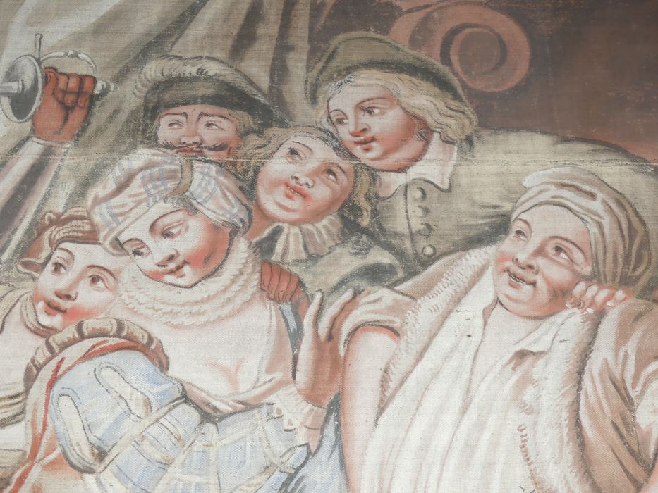 carton de tapisserie : Don Quichotte prenant des marionnettes pour des Maures croit, en les combattant, secourir deux amants fugitifs, détail