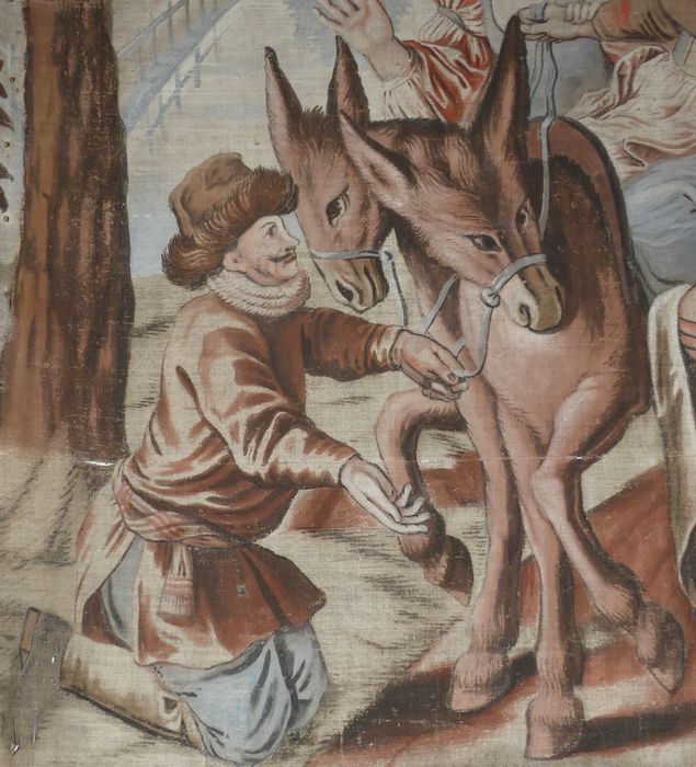 carton de tapisserie : Don Quichotte trompé par Sancho prend une paysanne pour Dulcinée, détail