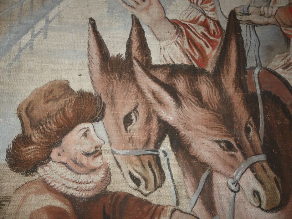 carton de tapisserie : Don Quichotte trompé par Sancho prend une paysanne pour Dulcinée, détail