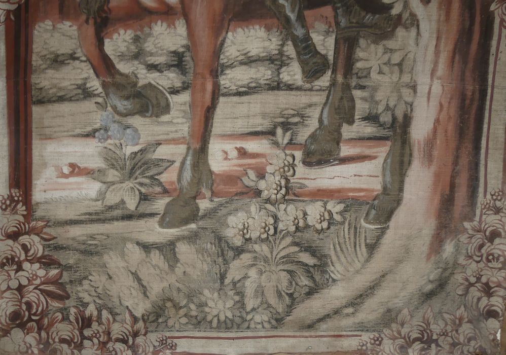 fragment de carton de tapisserie : Don Quichotte attaché à une fenêtre par la malice de Maritorne, détail