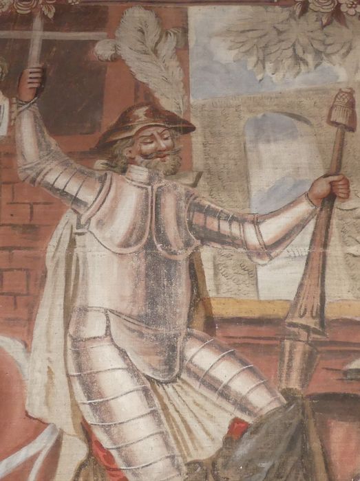 fragment de carton de tapisserie : Don Quichotte attaché à une fenêtre par la malice de Maritorne, détail