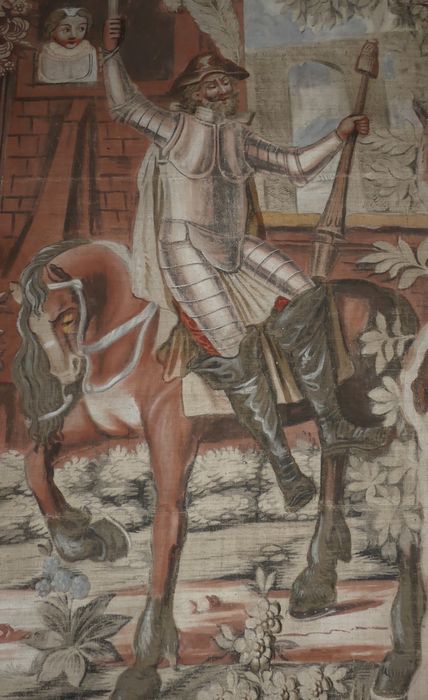 fragment de carton de tapisserie : Don Quichotte attaché à une fenêtre par la malice de Maritorne, détail