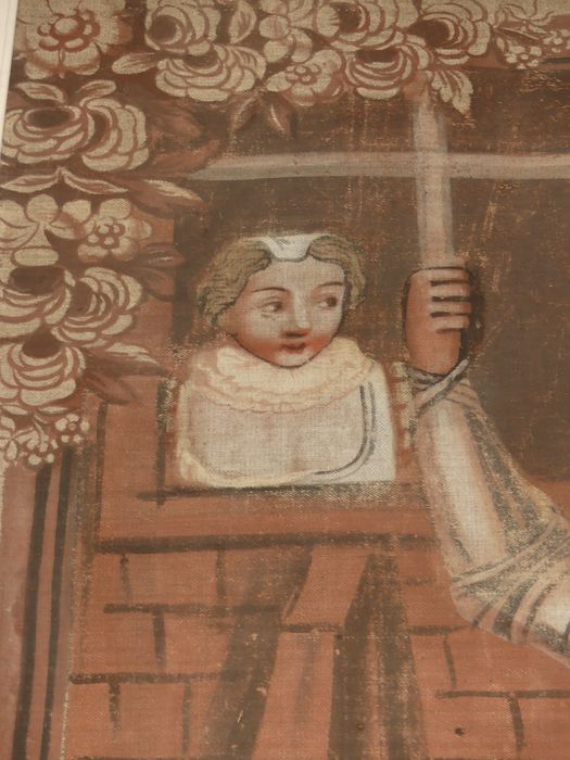 fragment de carton de tapisserie : Don Quichotte attaché à une fenêtre par la malice de Maritorne, détail