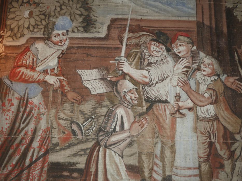 carton de tapisserie : Don Quichotte croit recevoir l’ordre de chevalerie, détail