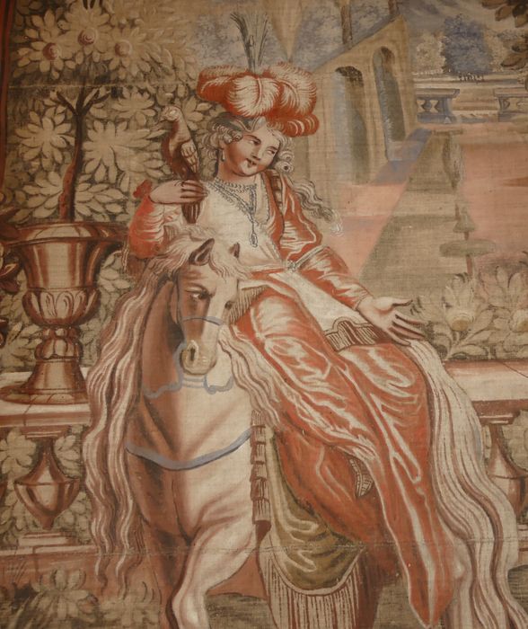 fragment de carton de tapisserie : Don Quichotte fait demander par Sancho à la duchesse la permission de la voir, détail