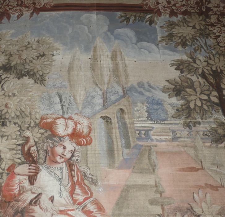 fragment de carton de tapisserie : Don Quichotte fait demander par Sancho à la duchesse la permission de la voir, détail