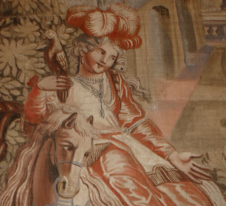 fragment de carton de tapisserie : Don Quichotte fait demander par Sancho à la duchesse la permission de la voir, détail