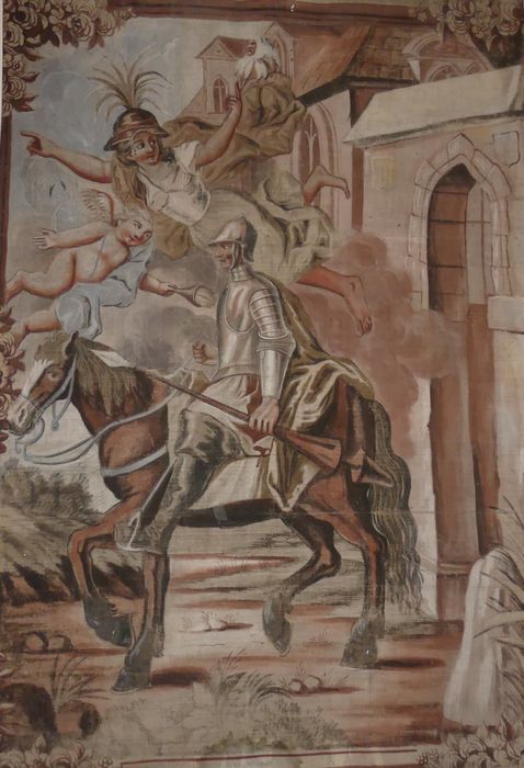 fragment de carton de tapisserie : Don Quichotte conduit par la Folie sort de chez lui pour être fait chevalier errant