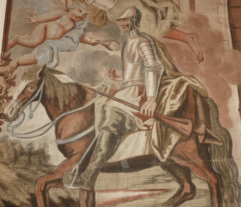 fragment de carton de tapisserie : Don Quichotte conduit par la Folie sort de chez lui pour être fait chevalier errant, détail