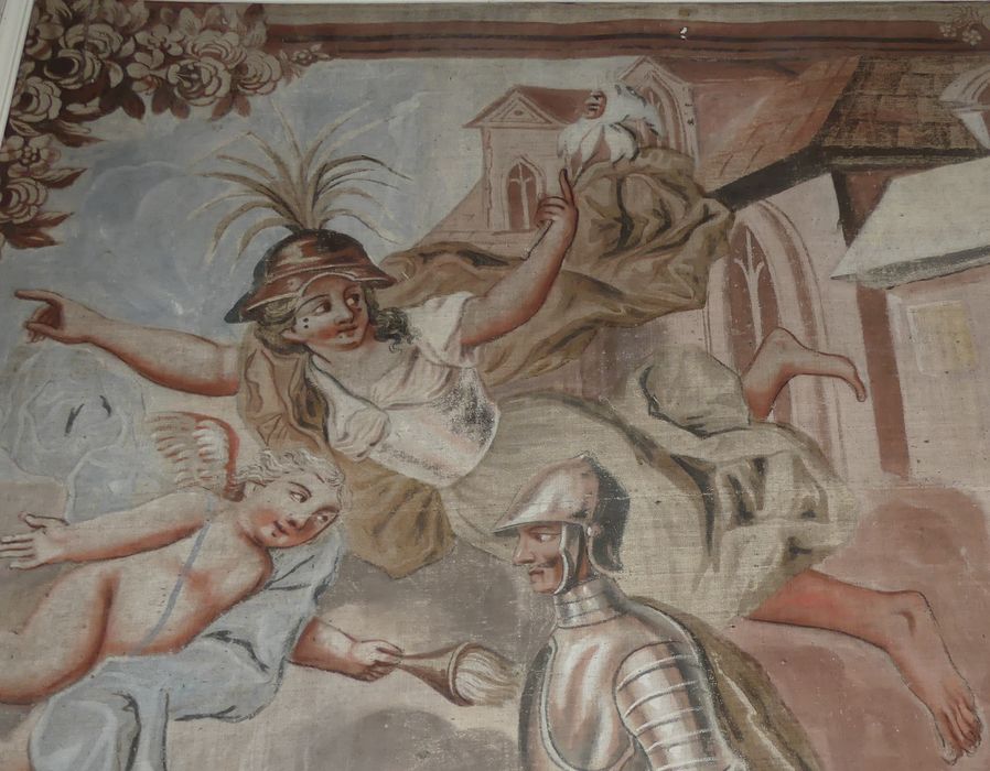 fragment de carton de tapisserie : Don Quichotte conduit par la Folie sort de chez lui pour être fait chevalier errant, détail