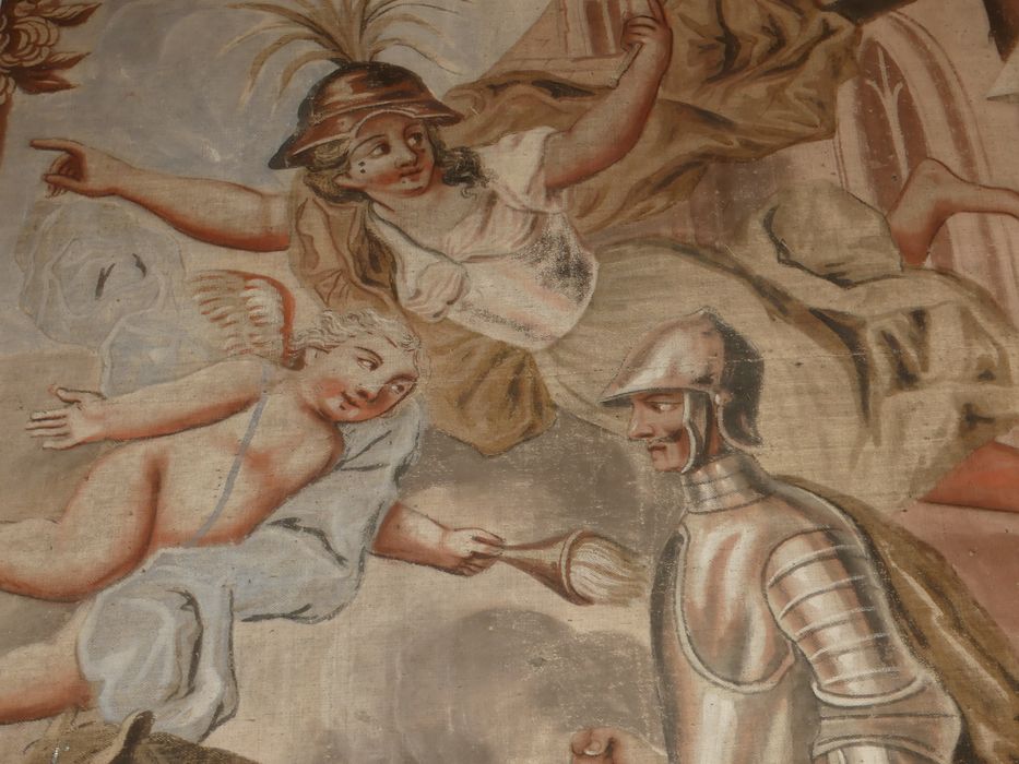fragment de carton de tapisserie : Don Quichotte conduit par la Folie sort de chez lui pour être fait chevalier errant, détail